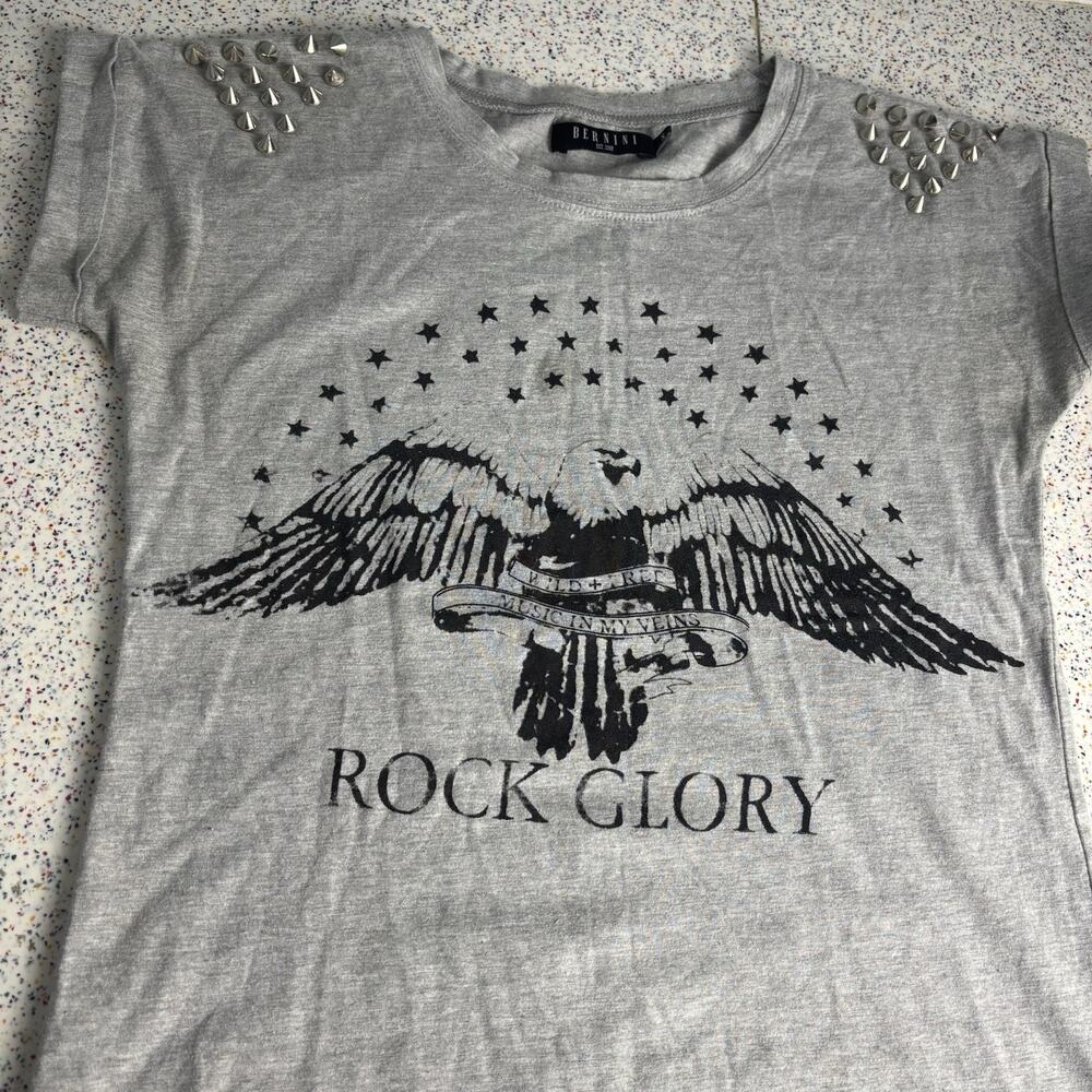 BERNINI Women’s Short Sleeve Studded Punk Rock Top Shirt Rock Glory Music Small